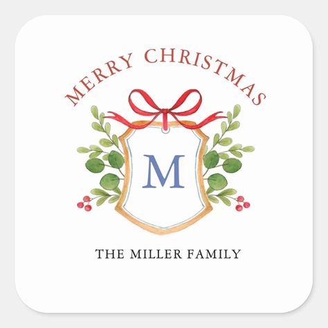 Monogram Crest with greenery Holidays Square Sticker  Zazzle Watercolor Crest, Crest Monogram, Monogrammed Linens, Watercolor Monogram, Winter Greenery, Family Monogram, Holiday Stickers, Personalized Stickers, Christmas Stickers