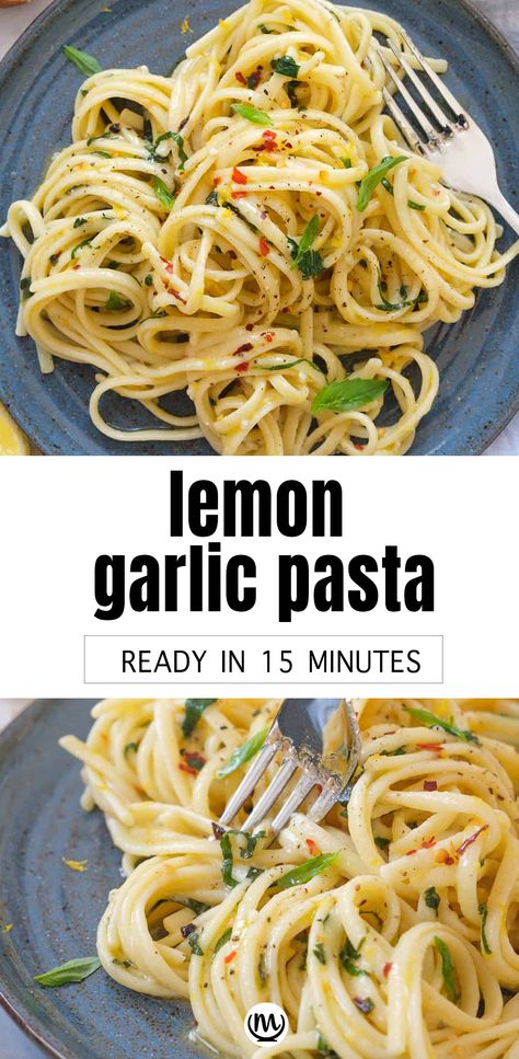 Top view of lemon garlic spaghetti on a blue plate. Lemon Garlic Noodles, Lemon Garlic Pasta, Lemon Garlic Sauce, Garlic Noodles, Inexpensive Meals, Garlic Pasta, Cheap Dinner Recipes, Cheap Dinners, Meal Recipes