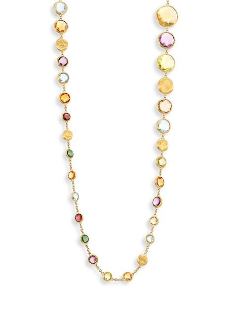 "Find MARCO BICEGO Jaipur 18k & Mixed Stones Necklace on Editorialist. From the Jaipur Collection Vibrant strand of semi-precious stones in graduated design May include: amethyst, light amethyst, green amethyst, iolite, garnet, green garnet, orange garnet, tourmalines, citrine, lemon citrine, peridot, pink quartz, smoky quartz and topaz 18k yellow gold Length, 36\" Lobster clasp Made in Italy Please note: Stones may vary. ABOUT THE BRAND Marco Bicego first started learning the art of goldsmithing from his father, and ultimately formed his own brand in 2000 in Trissino, Italy. All crafted in 18K gold, the brand is most known for its handmade pieces in engraved and coil finishes, as well as vibrant semi-precious jewels. Marco has created his brand to be versatile, so one can mix and match co Marco Bicego Necklace, Mixed Stone Necklace, Stones Necklace, Marco Bicego, Green Garnet, Light Amethyst, Precious Jewels, Green Amethyst, Pink Quartz