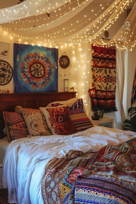 15 Modern Boho Bedroom Interior Ideas You Will Love! - My Decor Inspo Latino Room Aesthetic, Whimsical Bedroom Adult, Boho Bedroom Interior, Boho Hippie Bedroom, Bedroom Interior Ideas, Boho Coastal Bedroom, Country Bedroom Design, Headboard Alternative, Dark Boho Living Room