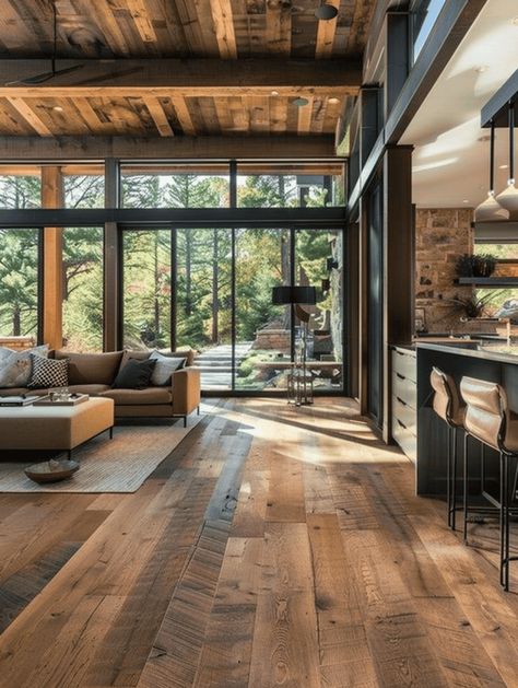 Dream Farmhouse Interior, Natural House Design, Wooden Home Design, Rustic Style Interior Design, Wooden Floor Design, Rustic Lake Cabin, Living Room Colour Ideas, Room Colour Ideas, Modern Rustic House