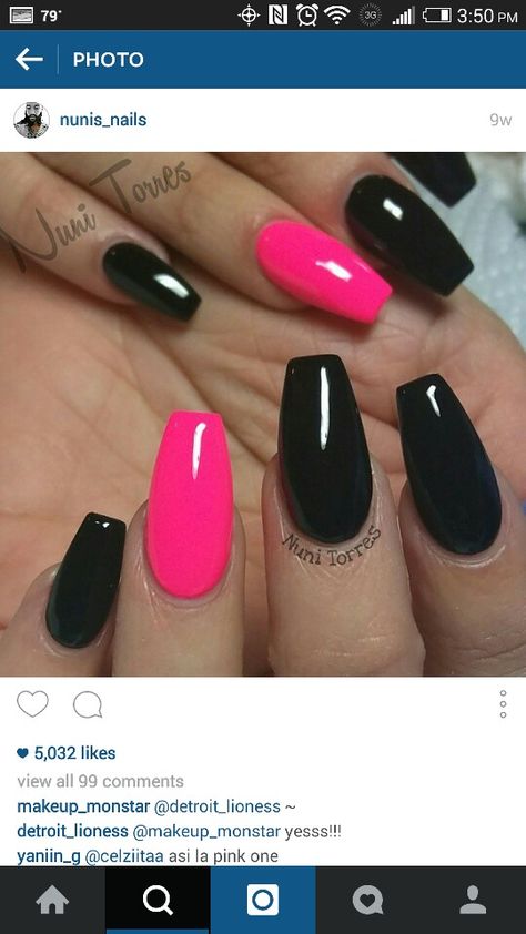 Pink Nails With Black Accent, Matte Black Nails With Pink, Matte Black And Grey Nails, Black Color Nail Ideas, Black Nails Pink Design, Summer Nails 2023 Black, Pink Naildesign, Barbie Pink And Black Nails, Pink And Black Nails Prom