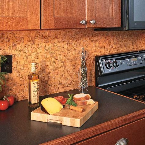 Update a Backsplash with Cork Flooring-good idea...color is too dark in this one but i like the concept... Cork Backsplash Kitchen, Kitchenette Basement, Cork Backsplash, Small Kitchen Backsplash, Colorado Lodge, Cork Floor, Natural Stone Backsplash, Stone Tile Backsplash, Cork Ideas