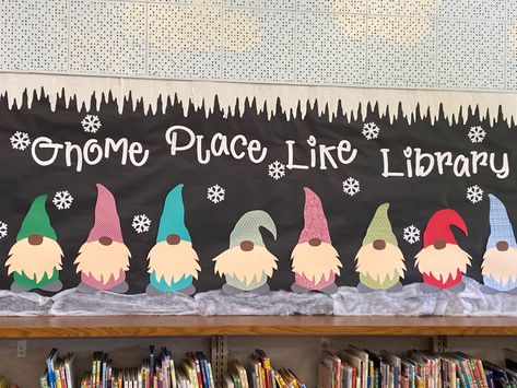 Best Window Displays, Winter Library Aesthetic, Christmas Library Decorations, Chillin With My Gnomies Bulletin Board, Christmas In The Library, Winter School Display Case Ideas, Winter Bulletin Board Ideas For Library, Christmas Library Displays Ideas, Christmas Bulletin Board Ideas For Work