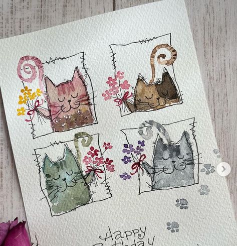 Watercolor Paintings For Birthday Cards, Watercolor Puppy Easy, Watercolor Birthday Card Ideas, Birthday Watercolor Card, Happy Birthday Artist, Watercolour Doodles, Cats Drawings, Cards Happy Birthday, Watercolor Cats