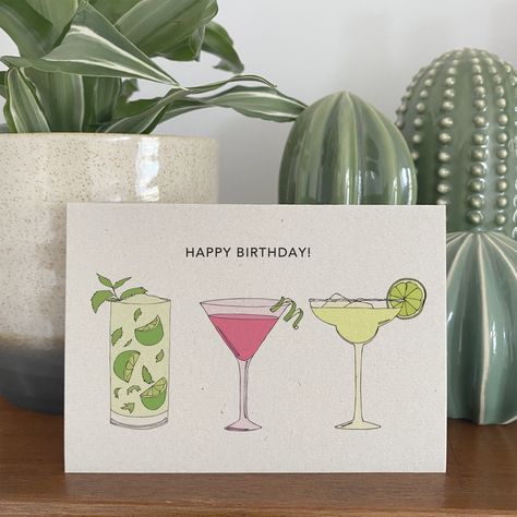 Happy Birthday Cocktails Card Cocktail Birthday Cards, Cocktail Birthday Card, Cocktail Card Design, 21 Birthday Cards, Homemade Cards Birthday, 21st Birthday Card Ideas, Cute Diy Birthday Cards, 21 Birthday Card, Happy Birthday Cocktail