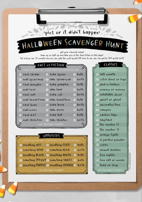 Halloween Photo Scavenger Hunt, Holiday Activity For Kids, Kids Halloween Activity, Picture Scavenger Hunts, Adult Halloween Party Decorations, Teen Halloween Party, Fall Scavenger Hunt, Fall Family Fun, Teen Halloween