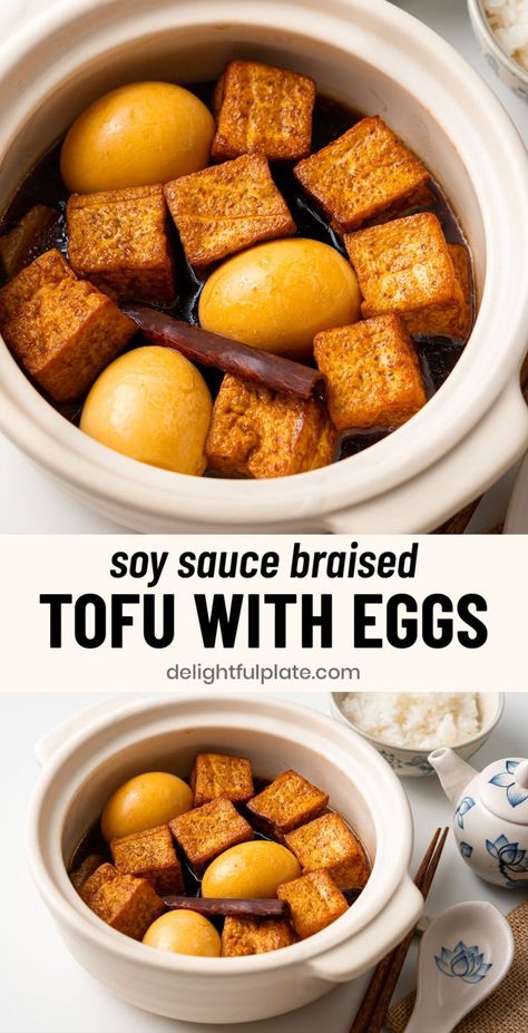 a pot of braised tofu and eggs with soy sauce Soy Tofu Recipes, Chinese Vegetarian Dishes, Vietnamese Tofu Recipes, Egg And Rice Recipes, Egg Tofu Recipes, Chinese Food Recipes Vegetarian, Soft Tofu Recipes, Tofu And Eggs, Chinese Tofu Recipes