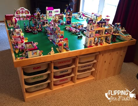 Flipping for First: DIY LEGO Table!  This is the best project idea to keep all those LEGO's in one place! Table Lego Diy, Ikea Lego Table, Lego Play Table, Diy Lego Table, Table Lego, Lego Table With Storage, Trofast Ikea, Lego Table Diy, Lego Organization