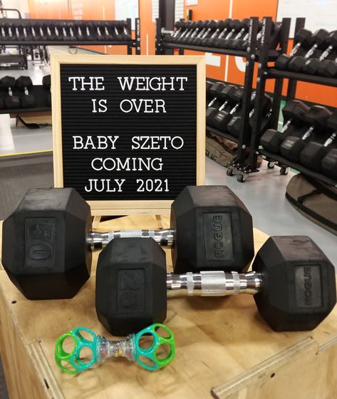 Dumbbells, baby rattle, word board, gym, baby announcement Weight Gender Reveal Ideas, Workout Gender Reveal Ideas, Gender Reveal Ideas Gym Theme, Weights Gender Reveal, Fitness Gender Reveal Ideas, Deadlift Gender Reveal, Gym Gender Reveal, Gym Gender Reveal Ideas, Weightlifting Gender Reveal