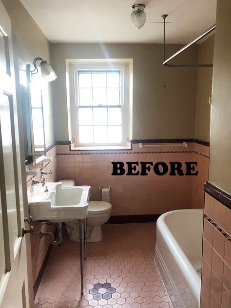 Adding Color To Bathroom, 1920s Pink Bathroom, Old Pink Bathroom Makeover, Pink And Blue Vintage Bathroom, Old Pink Tile Bathroom Ideas Vintage, 50s Pink Tile Bathroom, Mauve Tile Bathroom Ideas, Peach Tile Bathroom Color Schemes, Pink And Maroon Bathroom