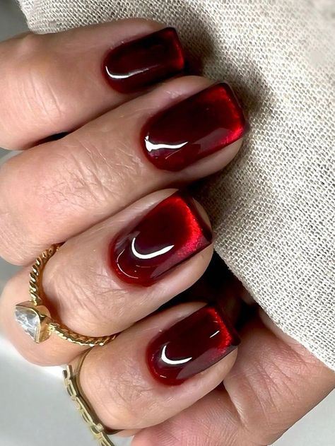 Multicolor  Collar    Color Nails Embellished   Nail,Hand & Foot Care Gel Mani Short Nails Red, Ruby Cat Eye Nails, Dark Red Cateye Nails, Cateyes Nails Design Short, Short Almond Holiday Nails, Red Short Nails Design, Cat Eye Short Nails, Red Cat Eye Nail, Short Cat Eye Nails