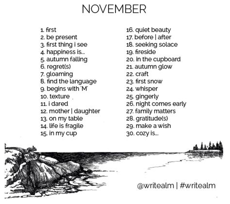 November Prompts, Poem Writing Prompts, Songwriting Prompts, Creativity Prompts, Writer Prompts, 30 Day Writing Challenge, Writing An Essay, Writing Prompts Poetry, Poetry Prompts