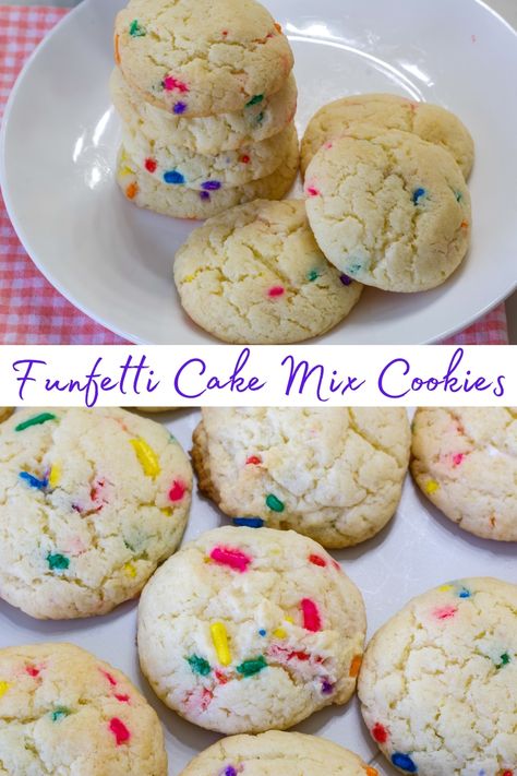 Cake in cookie form in just minutes with this simple Funfetti Cookies Recipe. Use your favorite brand cake mix and make these yummy cookies today! Mini Funfetti Cookies, Gluten Free Funfetti Cake Mix Cookies, Cake Mix Sprinkle Cookies, Confetti Cake Cookies Easy, Cake Mix Cookies Funfetti, Funfetti Cookie Recipe, Funfetti Cake Mix Cookies, Spice Sugar Cookies, Funfetti Cake Mix