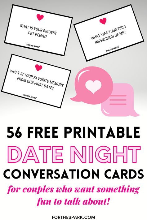 56 FREE Date Night Conversation Cards For Couples Who Want Something Fun To Talk About - Bold & Bubbly Date Night Conversation Starters, Date Night Conversation, Alter Ego Names, Free Date Night, Cards For Couples, Date Night Questions, Long Distance Relationship Advice, Dates Ideas, Couples Game Night