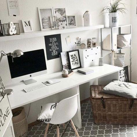 White Office Decor in Room - Best Home Office Ideas: How To Decorate The Perfect Work Space - Office Room Layout, Setup and Designs #home #homedecor #homedecorideas #homedesign #homeideas #interiordesign #designideas #decorstyle #designstyles #homeoffice #officespace #homeofficedesign #homeofficeideas #work Black And White Home Office, Work Work Work, Office Design Inspiration, White Desk, Dekorasi Kamar Tidur, Office Office, Study Room Decor, White Office, Creative Workspace