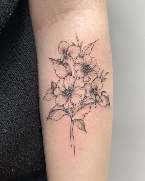 Flower Fine Line Tattoo, Fine Line Flower Bouquet, Line Flower Bouquet, Fine Line Flower Bouquet Tattoo, Flower Fine Line, Tattoo Garden, Flower Bouquet Tattoo, Garden Tattoos, Garden Tattoo