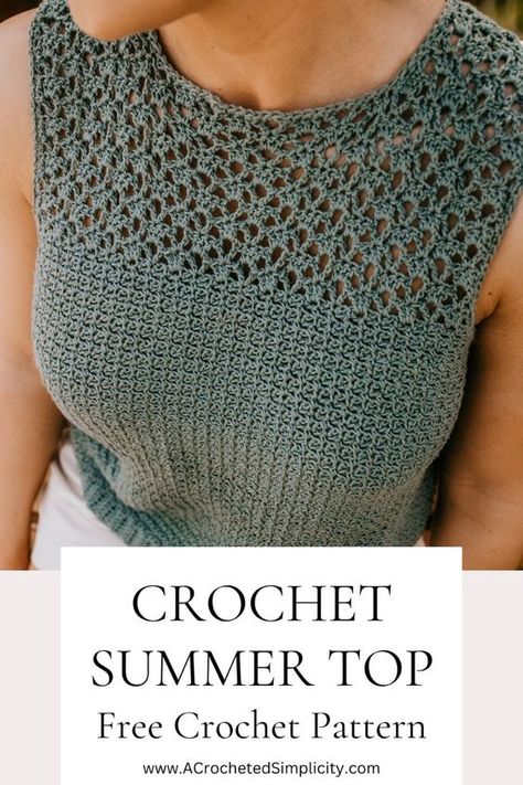 The Chantilly Crochet Summer Top is the epitome of summer chic. Crafted with lacy crochet stitches and a cotton, bamboo, linen blend yarn, its breathable fabric ensures coolness even on the hottest of days. This free crochet top pattern is size inclusive and includes women's sizes XS thru 5X. Crochet Tops For Summer, Bamboo Yarn Crochet Patterns, Crochet Ladies Tops Free Pattern, Crochet Cotton Yarn Projects, Crochet Crop Top Pattern Free, Crochet Summer Tops Free Patterns, Crochet Shirt Pattern, Summer Knitting Projects, Cotton Crochet Patterns