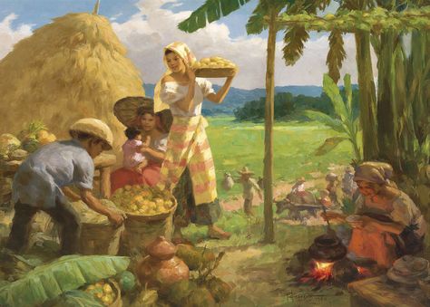 Fernando Amorsolo - Harvest Time 1960 Fernando Amorsolo, Filipino Art, Philippine Art, Philippines Culture, Farm Paintings, Filipino Culture, History Painting, Historical Painting, Baguio