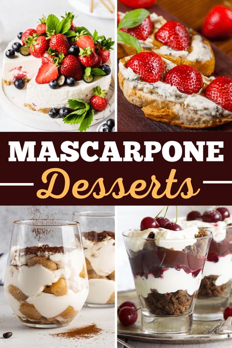 These mascarpone desserts are indulgent yet easy to make! From layer cake to tiramisu to mini-cheesecakes, treat yourself with these gorgeous desserts. What To Do With Mascarpone Cheese, Mascarpone Filling Recipes, What To Make With Mascarpone Cheese, Easy Mascarpone Dessert, Recipes With Marscapone Cheese Desserts, Recipes With Mascarpone Cheese Desserts, Easy Mascarpone Recipes, Mascarpone Recipes Dessert Simple, Marscapone Dessert Recipe