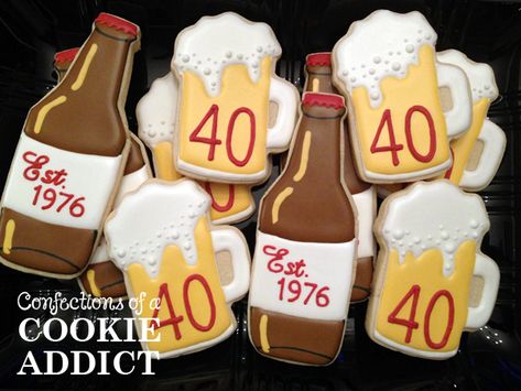 Beer Bottle Cookies Beer Mug Cookies 40th Birthday Decor, 40th Birthday Napkins, Cheers And Beers To 40 Years, Beer Cookies, Beer Birthday Party, Wine Cookies, Theme Cookies, Beer Cake, 40th Birthday Decorations