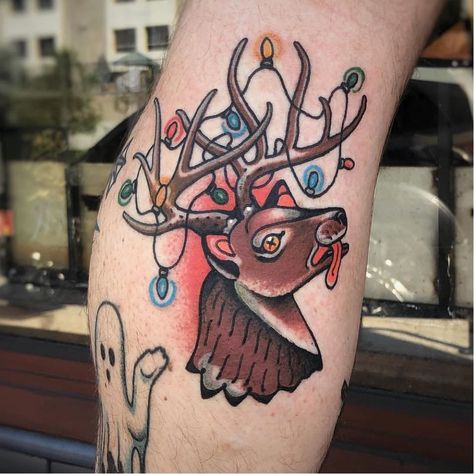 American Traditional Christmas, Christmas Tattoo Flash, Christmas Tattoo Ideas, Reindeer Tattoo, Xmas Tattoo, Christmas Flash, Winter Reindeer, Flash Ideas, Christmas Tattoo