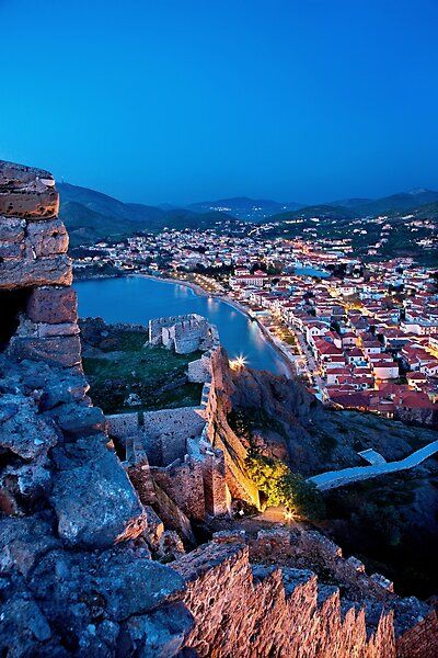 Partial view of the town of Myrina, and its castle, Lemnos (or "Limnos") island, North Aegean, Greece. The beach you see is called Romeikos Gyalos. Lemnos Island Greece, Greece Castle, Limnos Greece, Lemnos Greece, Mediterranean Vibes, Still Of The Night, Greek Beauty, Sailing Boat, The Castle