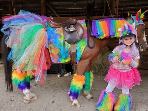 Pony halloween costume!  Rainbow Brite Unicorn. Unicorn Horse Costume, Horse Fancy Dress Costume, Pony Halloween Costume, Pony Costumes, Horse Fancy Dress, Circus Fancy Dress, Unicorn Horn For Horse, Costume Rainbow, Horse Show Mom