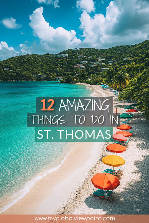 A pristine beach in St. Thomas, US Virgin Islands, featuring crystal-clear turquoise waters, soft white sand, and a row of colorful beach umbrellas lining the shore, with lush green hills in the background. What To Do In St Thomas Virgin Islands, St Thomas Things To Do, Things To Do In St Thomas, Usvi St Thomas, Things To Do In St Thomas Virgin Islands, St Croix Virgin Islands Things To Do, Us Virgin Islands All Inclusive, Saint Thomas Virgin Islands, Mood Broad