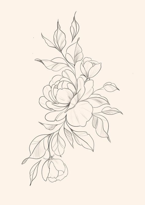 Peony Leg Tattoo, Floral Tattoo Design Drawings, Peony Outline Tattoo, Small Peony Tattoo, Peony Flower Tattoo Design, Fineline Floral Tattoo, Tattoo Designs Floral, Tattoo Designs Skull, Tattoo Designs Black And White