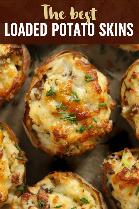 These Best EVER Loaded Potato Skins stuffed with crispy bacon and cheese are the perfect easy comfort food. Melting cheesy goodness baked in a jacket potato. They are a little lighter than usual as oven baked, not fried. #tamingtwins #potatoskins #loadedpotatoes #potatorecipes #gameday #appetizers Loaded Potato Skins Recipe, Jacket Potato Recipe, Loaded Potato Skins, Baked Potato Skins, Potatoe Skins Recipe, Bacon Potato, Bacon And Cheese, Potato Skin, Jacket Potato