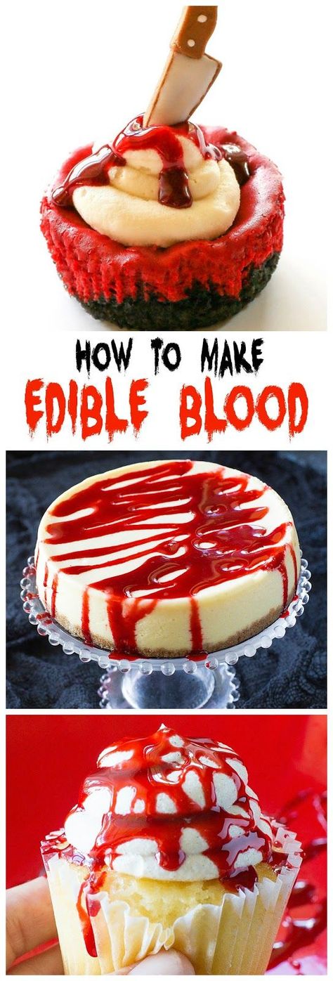 Edible Blood - drizzle it on cupcakes, cakes, donuts,...you name it! the-girl-who-ate-everything.com Edible Blood, Buffet Halloween, Halloween Torte, Recetas Halloween, Halloween Fest, Halloween Baking, Halloween Cake, Halloween Dinner, Halloween Desserts