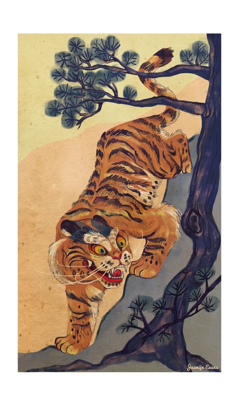 Tiger Japanese Art, Japanese Tiger Art, Korean Tiger, Asian Tigers, Senior Thesis, Japanese Tiger, Korean Tattoos, Tiger Drawing, Korean Painting