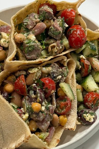 Steak Tzatziki Dense Bean Salad - by Violet Witchel Corn And Bean Salad, Roasted Artichoke, Three Bean Salad, White Bean Salad, Bean Salad Recipes, Greek Flavors, Steak Salad, Big Salad, Bean Salad