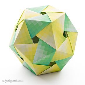 Name:	Origami Dodecahedron Designer:	Tomoko Fuse Units:	30 Paper ratio:	square Assembled with:	no glue Paper size:	7.5 cm Model size:	~ 8.5 cm Paper:	Harmony paper (Grimmhobby, Japan) Diagram:	Unit Origami Wonderland by Tomoko Fuse, p. 58 Origami Pig, Origami Diamond, Origami Paper Folding, Platonic Solids, Origami Diagrams, Geometric Origami, Origami Ball, Origami Love, Origami And Kirigami