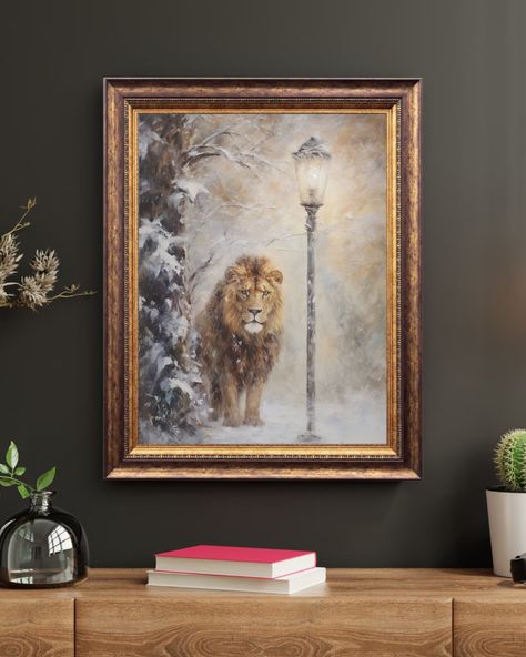 Narnia Art Print, Lamppost and Aslan. Narnia Poster, Oil Painting Wall Decor, C S Lewis, Printable Digital Download - Etsy Chronicles Of Narnia Wall Art, Paintings In Frames, Things To Draw For Wall Decor, Chronicles Of Narnia Nursery, Narnia Christmas Decorations, Narnia Themed Bedroom, Narnia Painting Ideas, Narnia Artwork, Chronicles Of Narnia Art