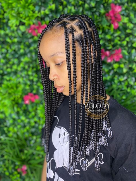 Small Knotless Box Braids Long With Beads, Medium Length Box Braids With Beads, Knotless Braids With Beads, Girls Braided Hairstyles Kids, Holiday Braids, Head Braid, Wigs Collection, Triangle Box Braids, Big Box Braids