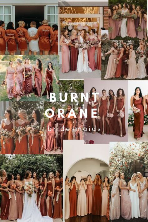 Sangria Wedding Colors, Bridesmaid Dresses Aesthetic, Burnt Orange Bridesmaid Dress, Orange Bridesmaid Dress, Sangria Wedding, Burnt Orange Bridesmaid, Orange Wedding Themes, Burnt Orange Bridesmaid Dresses, Fall Bridesmaid