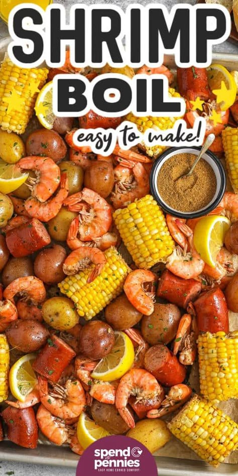 Make the most of your5 summer celebrations with this delicious recipe for Cajun shrimp boil. Jumbo shrimp, creamy potatoes, spicy sausage, and sweet corn are boiled together with robust Old Bay seasoning. Serve it Southern style by spreading it out on a paper-lined table or a big platter for everyone to enjoy! You can use fresh or frozen shrimp or even crawfish for this recipe. #shrimpboil #shrimpboilrecipe #spendwithpennies #shrimpboilseasoning Shrimp Boil Seasoning, Easy Shrimp Boil, Corn And Sausage, Sweet Corn On The Cob, Cajun Shrimp Boil, Shrimp Potatoes, Shrimp Boil Foil, Shrimp Boil Recipe, Flavorful Shrimp