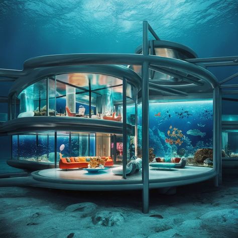 A stunning underwater photo of a futuristic aquatic home. The structure is built with glass and metal, blending seamlessly with the surrounding ocean. The interior is decorated with modern furniture and vibrant colors, reflecting light from the surface. A large aquarium serves as a wall, filled with a variety of exotic marine life. The overall atmosphere is both serene and sophisticated, offering a unique living experience in harmony with the ocean. Cool Home Aquariums, Futuristic Aquarium, Underwater Homes, Aquarium Interior, Underwater Home, Underwater Room, Epoxy Floor Designs, Large Aquarium, Underwater House