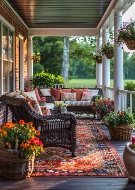 Landscaping Front Porch, Coastal Sunroom, Front Porch Lights, Decorate Front Porch, Decoration Front Porch, Cozy Patios, Unique Landscaping, Front Porch Plants, Dream Porch