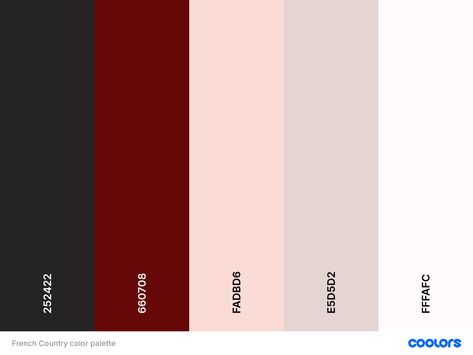 Coolors Color palette French country palette Eerie Black 1B1B1B Blood Red 660000 Misty Rose FFE4E1 Champagne Pink E5D5D2 Snow FFFAFA Accent colors Black olive 3B3C36 Timberwolf DBD7D2 Pale Dogwood EDCDC2 Red Black Pink Aesthetic, Wine Red Palette, Red And Cream Color Palette, Burgundy Black Color Palette, Colour Palette Maroon, Pink Black Color Palette, Rare Color Palette, Black Red Pink Aesthetic, Dark Valentines Color Palette