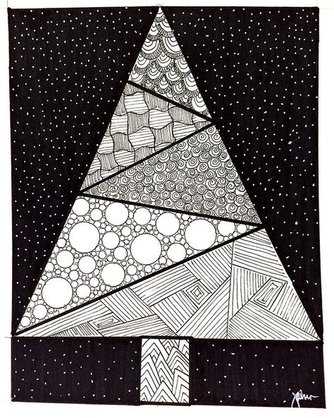 Tree Zentangle, Zentangle Christmas, Christmas Tree Drawing, Christmas Art Projects, Zentangle Artwork, Zen Doodle Art, Christmas Doodles, Christmas Card Art, Zentangle Drawings