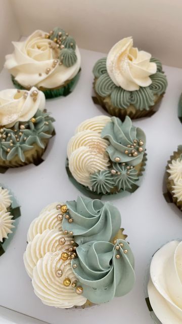 Sage White And Gold Cupcakes, Sage Green Wedding Cupcake Ideas, Green Buttercream Cupcakes, Bridal Shower Cupcakes Sage Green, Green White And Gold Cupcakes, Sage Green And White Birthday Decor, Sage Green Cupcakes Baby, Sage And White Cupcakes, Sage And Cream Cupcakes