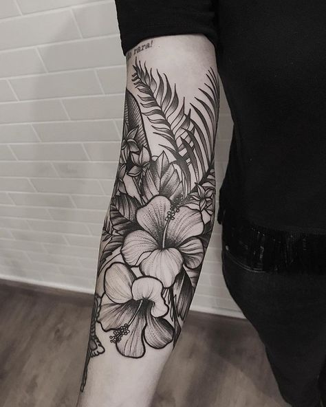 220+ Flower Tattoos Meanings and Symbolism (2021) Different Type of Designs & Ideas Geometric Rib Tattoo, Tropical Flower Tattoo, Flower Tattoo Black And White, Tropisches Tattoo, Flower Tattoo Black, Tropical Flower Tattoos, Hawaiian Flower Tattoos, Plumeria Tattoo, Hibiscus Flower Tattoos