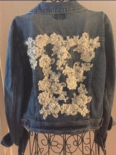 Up- cycled denim jacket. I took lace from an old wedding gown and upcycled the jacket Wedding Denim Jacket, Western Boho Outfits, Upcycled Wedding Dress, Denim Jacket Embroidery, Upcycled Wedding, Applique Jeans, Old Wedding, Upcycled Denim Jacket, Diy Denim Jacket