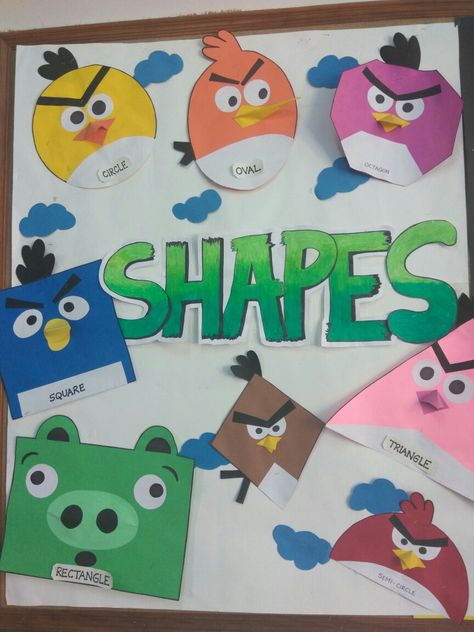 Shape board Angry Birds Classroom Theme, Display Boards For School, Birds Theme, Maths Display, School Display, Preschool Crafts Fall, Birthday Bulletin Boards, Birthday Bulletin, Classroom Decor High School