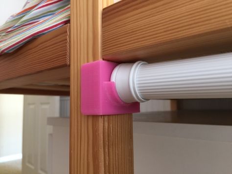 My daughter likes to read in the bottom section of her KURA bunk bed. My wife saw this shower curtain rod idea on pintrest and thought our daughter would like have a private reading area away from her siblings. It worked but the curtain rod kept getting knocked down. I designed these little brackets and it hasn't fallen down since. Uses a #6 pan head wood screw. Ikea Curtain Rods, Ikea Curtain, Kura Bed Hack, Ikea Kura Hack, Ikea Kids Room, Ikea Kura Bed, Kura Bed, Ikea Kura, Curtain Rod Holders