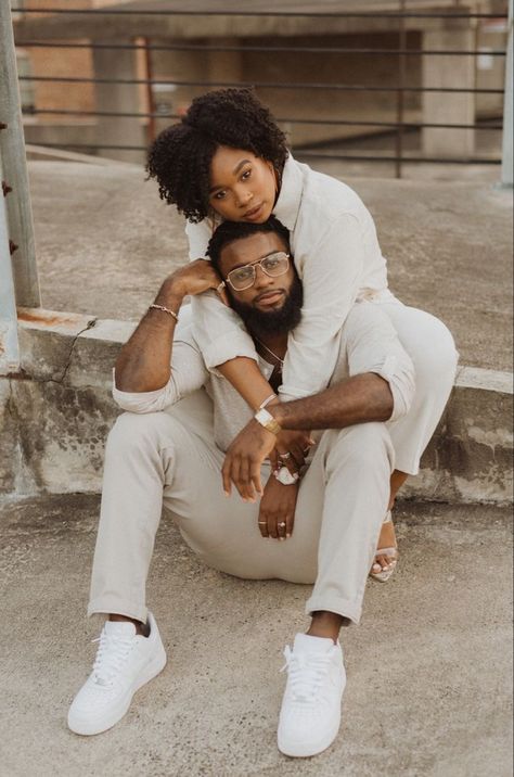 Black Couple Engagement Photoshoot Ideas, Black Couple Studio Photoshoot, All White Couples Photoshoot, Black Couple Studio Photoshoot Ideas, White Outfit Couple Photoshoot, Engagement Shoot Black Couple, Black Couples Photoshoot Poses, Christian Couple Photoshoot, Black Couples Photoshoot Outfit