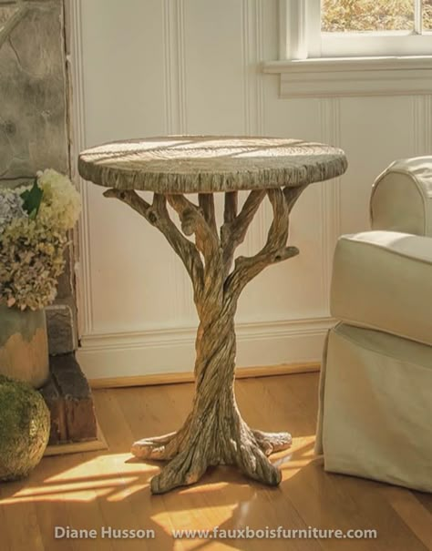 Diane Husson's concrete faux bois tree table makes a festive accent in any home or garden. #fauxbois #table #tree Branch Table, Tree Stump Table, Twig Furniture, Driftwood Furniture, Stump Table, Smen, Concrete Furniture, Tree Table, Concrete Crafts